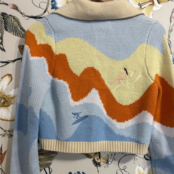 House of Sunny Souvenir Cardigan Sweater Ivory Blue Multi Size 4 - Picture 11 of 15